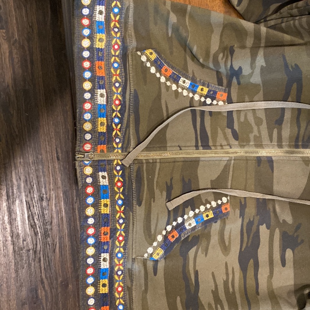 Johnny Was Olive Camo Zip Hoodie with Floral Sleeve Embroidery - Picture 2 of 4